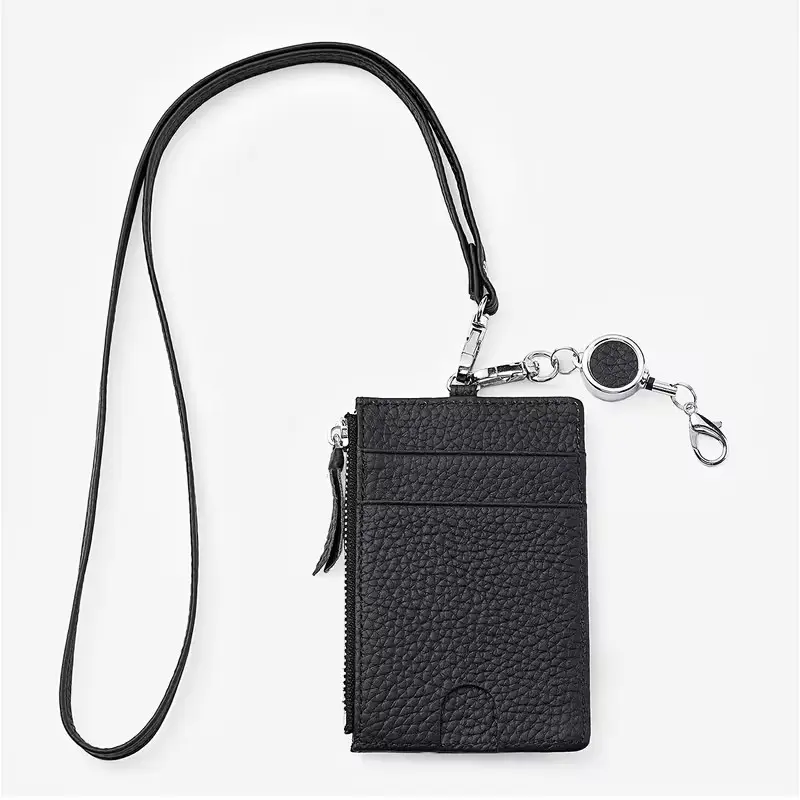 PU Leather ID Badge Holder Wallet with Zipper & Neck Lanyard, 3 Card Slots, Ideal for Office and School Use, Durable and Stylish Design