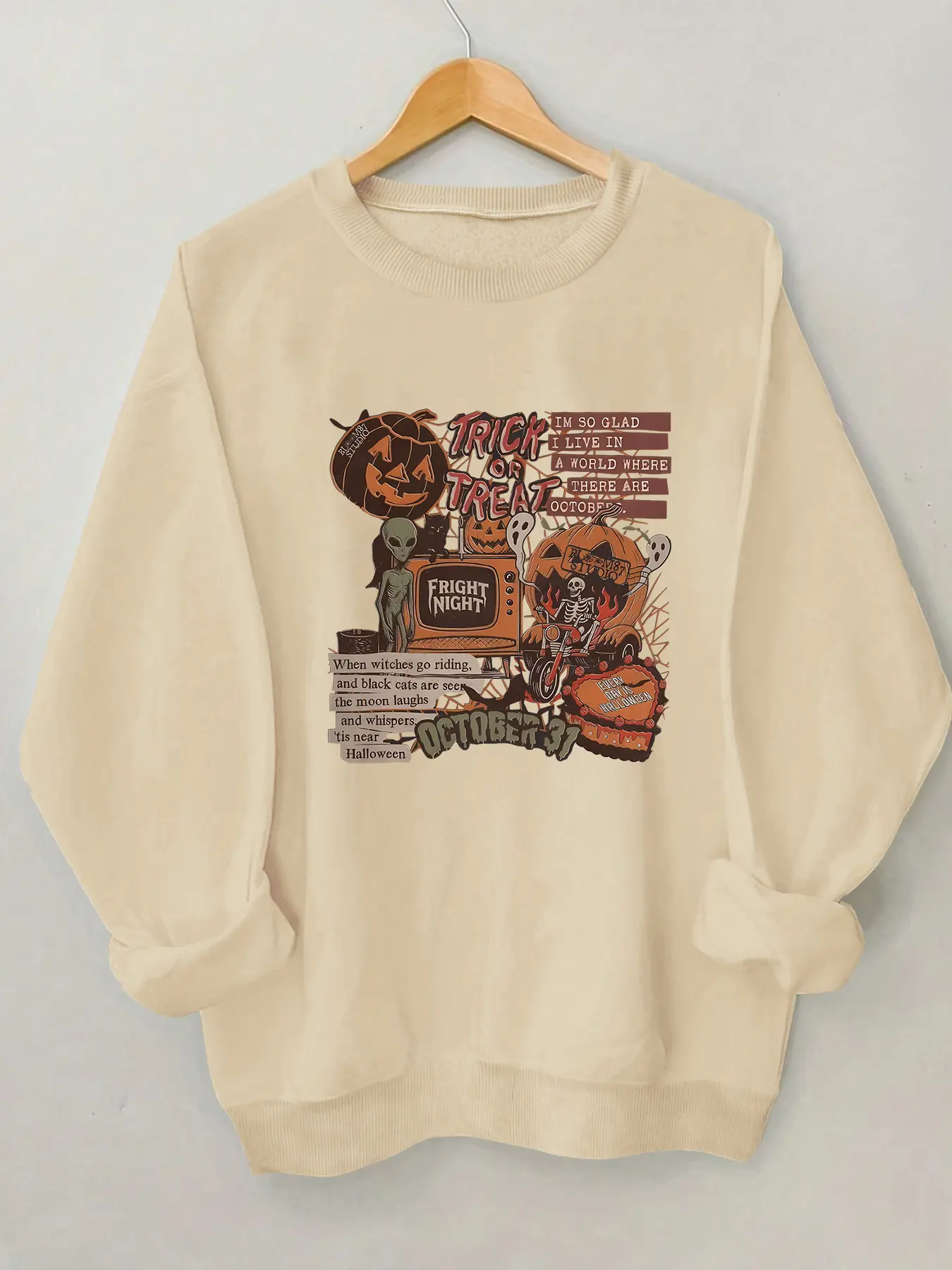 Women's Halloween Casual Fitted Round Neck Pullover Sweater, Skull Alien Print Long Sleeve Top for Fall Winter Daily Wear