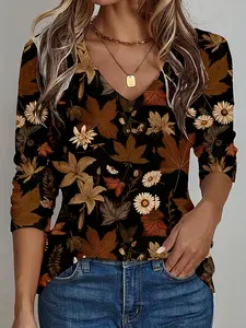 【Plus Size】Women's Loose-Fit Long Sleeve Geometric Print Top Blouse, Comfortable Daily Wear, Versatile H-Type Design, All-Season Fashion