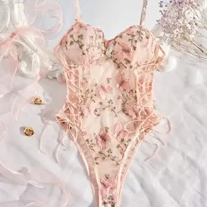 Women's Foral & Butterfly Embroidery Lace Up Sheer Summer Bodysuit with Adjustable Strap, Backless Sleeveless Design, Summer Wear for Daily Wear