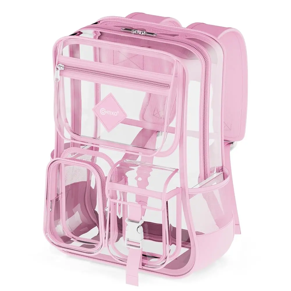 Contixo Clear Pink Backpack for Kids & Adults Transparent PVC Waterproof Stadium-Approved Bookbag