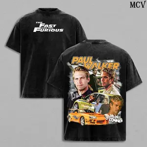 Paul Walker Tee – Brian O’Conner Tribute Fast and the Furious T-Shirt Vintage Washed Oversized Heavy Cotton Unisex Retro Graphic Streetwear Racing Film Merch Gift for Fans