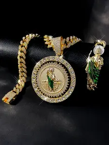 3pcs Fashion Hip-Hop Enamelled St. Jude Rotating Pendant Necklace Bracelet Complete Accessories Set, Religious Jewellery Gift Set for Daily Wear Trendy Jewelry Set