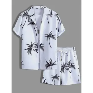 Summer Resort Men's 2-Piece Tropical Set: Tropical Palm Tree Print Button-Up Shirt and Shorts - Perfect for Lounging, Vacations & Lazy Weekends