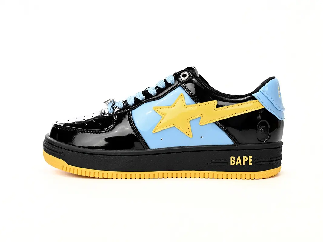Vintage Dark Gloss Patent Leather Walking Sneakers, Sky Blue Accent Yellow Lightning Star Detail Soft Black Inner Lining Couple Night Out Skate Shoes