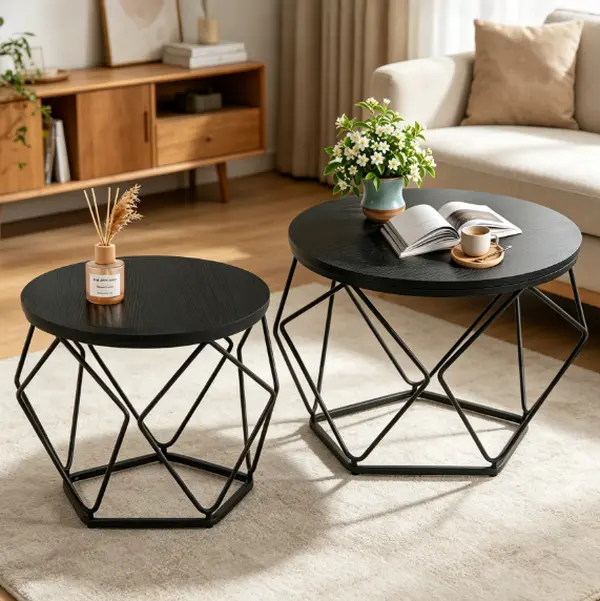 Modern Geometric Coffee Table Set of 2, Round Stackable Side Tables with Hidden Storage Lid, Nesting End Tables for Living Room, Bedroom & Apartment, 19" & 15"