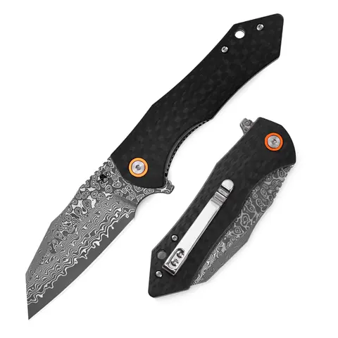 KLAKEN Askael J338 Pocket-Sized EDC Folding Knife - 3.5in Damascus Steel Blade, 0.118in/3mm Thickness, Carbon Fibre Handle with Liner Lock, 3.84Oz / 126G, Adults' Multifunctional Outdoor Multipurpose Knives for Hiking,Camping