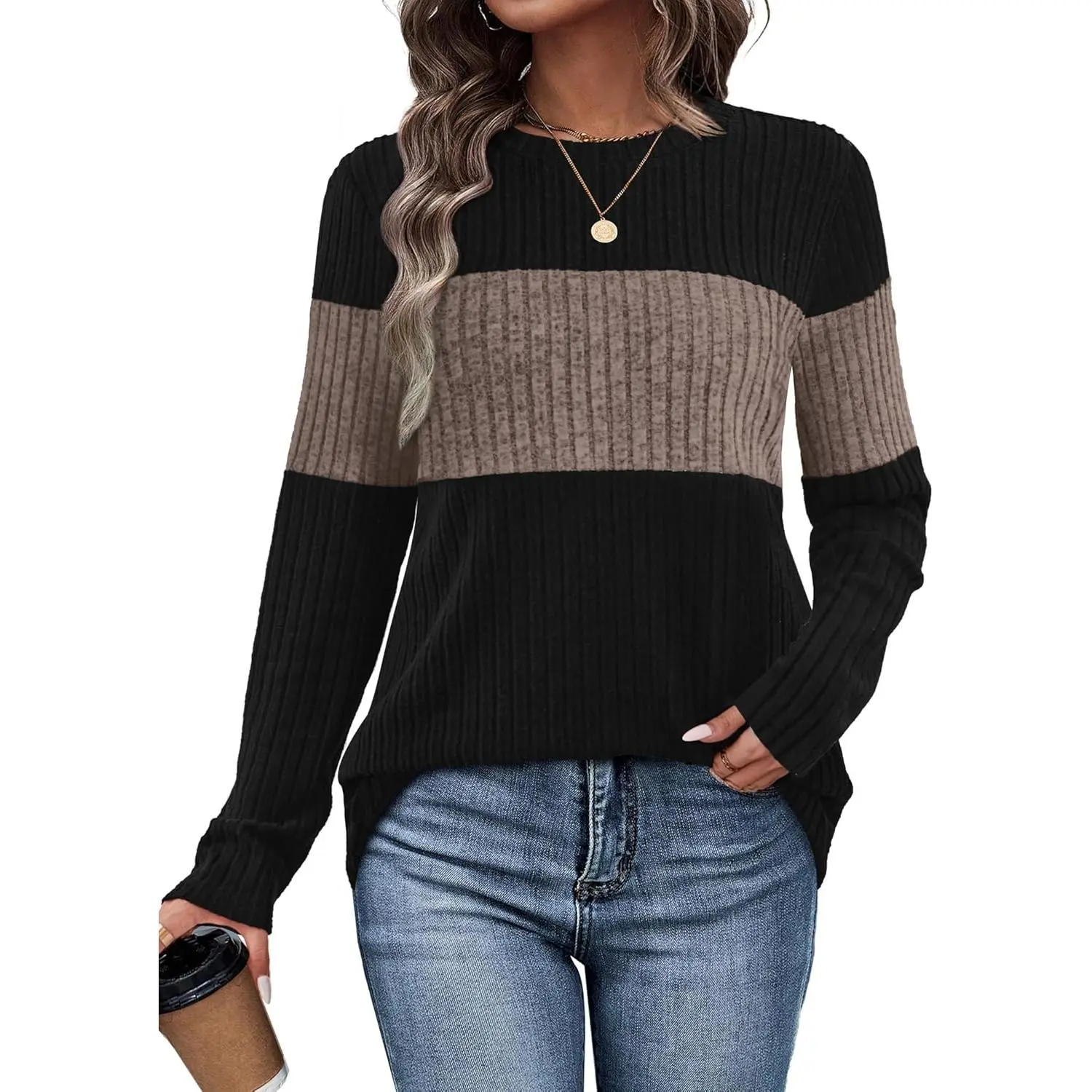 Women's Loose-Fitting Colorblock Knit Sweater - Longsleeves Crew Neck (Round Neck), Buttery Soft Lightweight Top for Fall Outfits Inspo