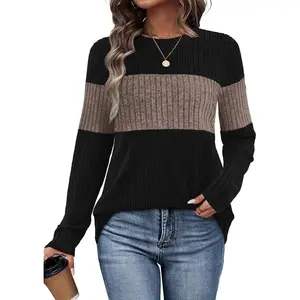 Womens Sweaters Trendy Color Block Tops Long Sleeve Shirts Fall Outfits Early Fall Fashion 2025 Winter Clothing Womenswear Knitwear Gamis Caramel Casual Crewneck