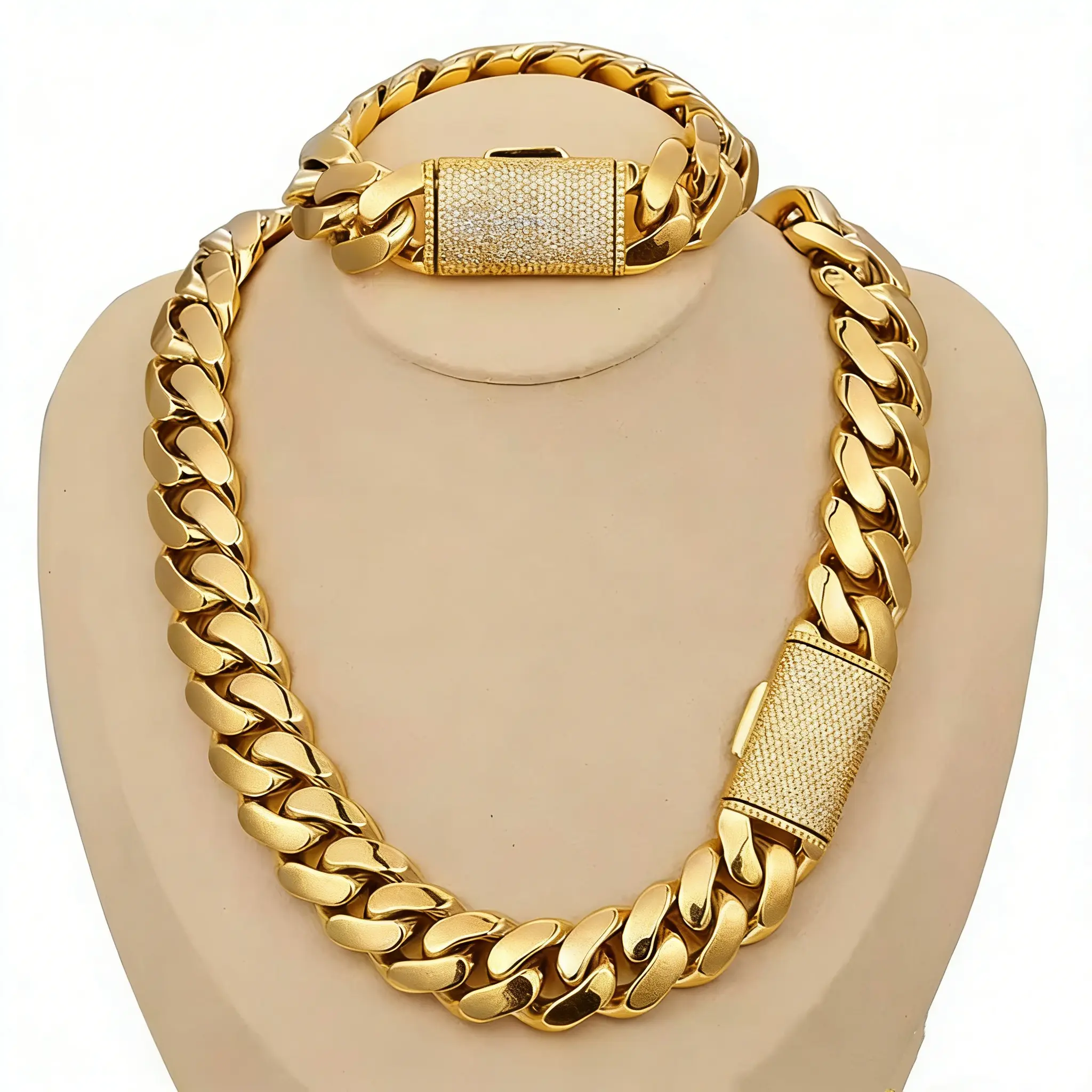 "Gold Miami Cuban Chain Set – Necklace & Bracelet with  Clasp, 8–22mm, Wateroof & Fade Resistant, Perfect Gift"