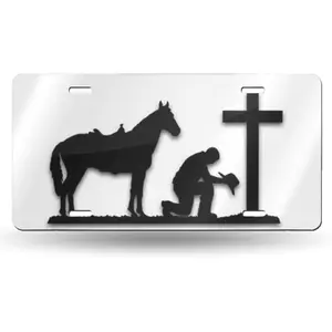 License Plate Cowboy Praying at Cross Horse Decorative Car Front License Plate,Vanity Tag,Metal Car Plate,Aluminum Novelty License Plate for Men/Women/Boy/Girls Car,6 X 12inch