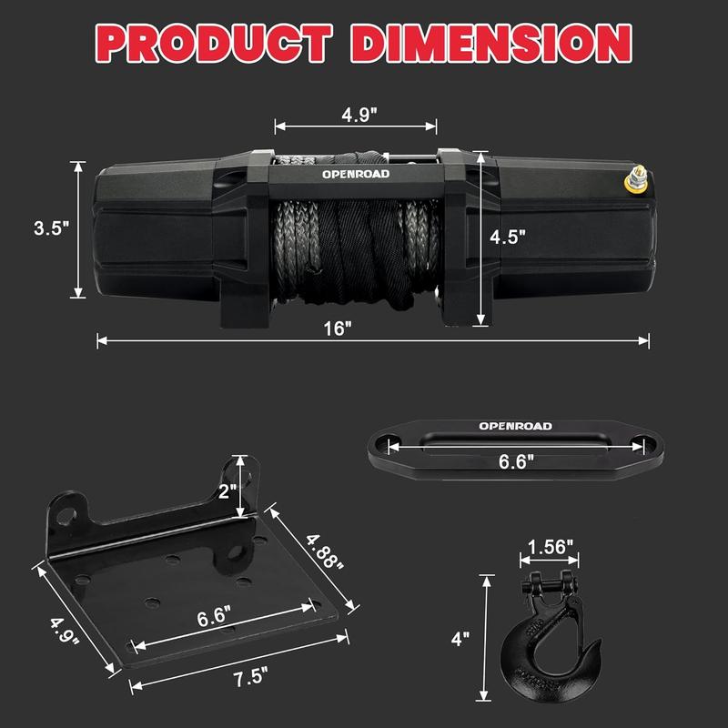 OPENROAD 6000 lbs UTV Winch, Waterproof IP67 Electric Trailer 6k Winch with 1/4"×50ft Synthetic Rope,Wireless Remote and Winch Stopper (6000lb with Mounting Plate)
