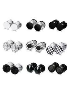 9 Pairs Fake Gauge Earrings Unisex Stainless Steel Studs Round False Ear Plugs Men Women Fashion Jewelry Accessories Circular Stud Earrings