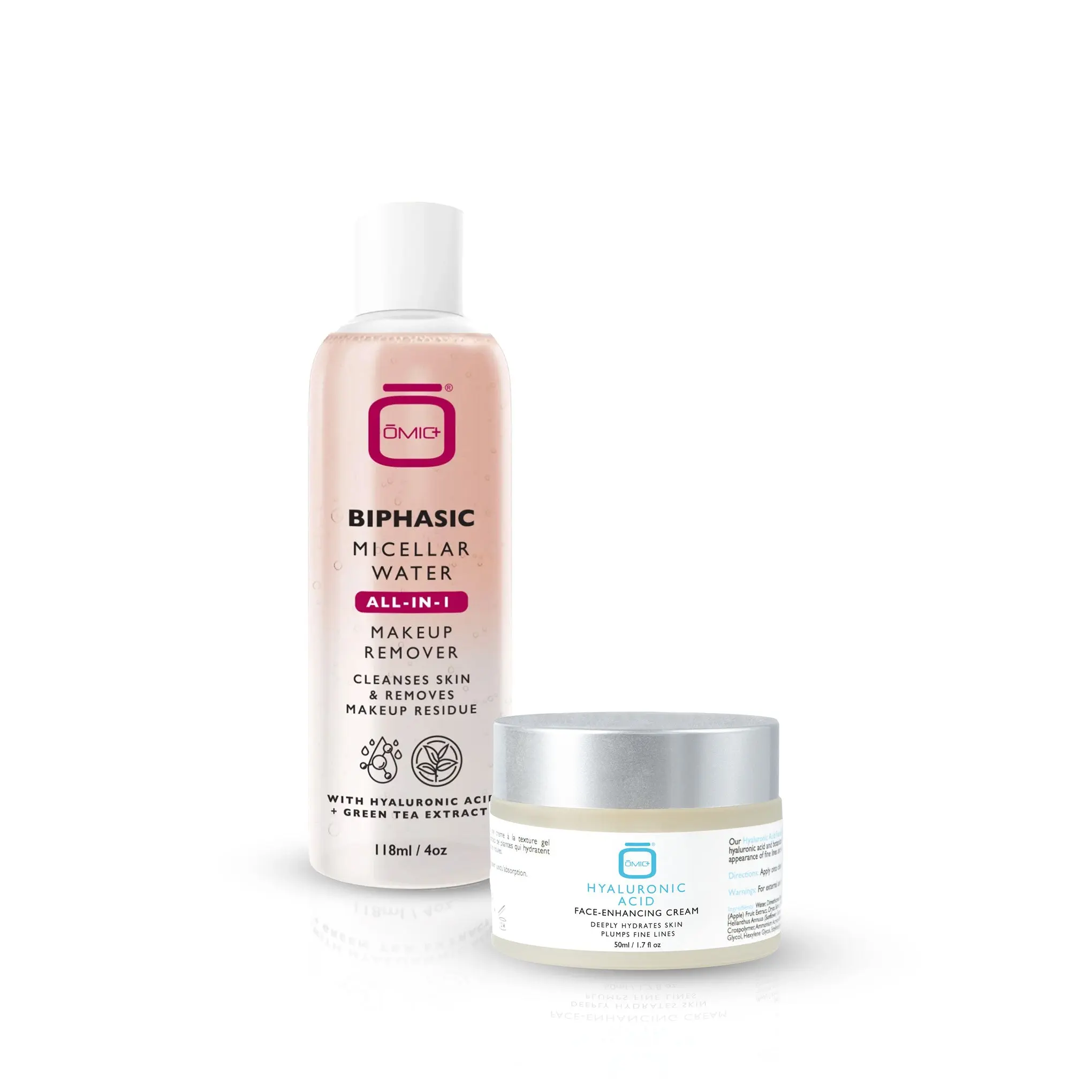 Omic+ Biphasic Micellar Makeup Remover & Hyaluronic Acid Face Cream Kit, Lightweight Daily Moisturizer for Skin Restore, Radiant, Hydrate, Cleansing, Gentle, Micellar Water