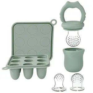 Silicone Baby Fruit Food Feeder & Baby Food Freezer Tray Set, milk Popsicle Molds for Baby Teething Relief, Baby Food Pacifier Feeder for Self Feeding, Include 3 Sizes Food Pouch (Sage)