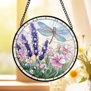 Dragonfly Stained Glass Suncatcher, Lavender and Floral Window Art, Nature Inspired Garden Decor, Botanical Glass Design, Gift for Mom