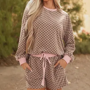 Women's Casual Checkerboard Plaid 2 Piece Long Sleeve Pullover and Shorts Set Daily Sweatsuit Trendy 2026 Going Out Outfits