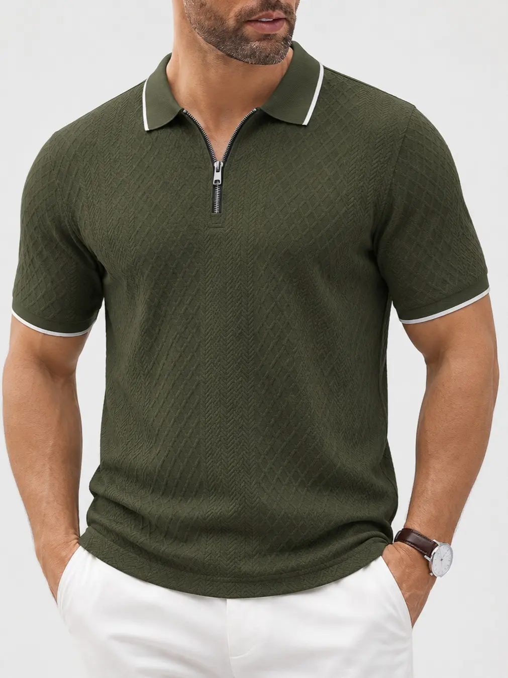 Men's Textured Jacquard Quarter Zip Polo Shirt, Short Sleeve Regular Fit Contrast Trim Collared Top, Old Money Style Business Casual Golf Summer Shirt