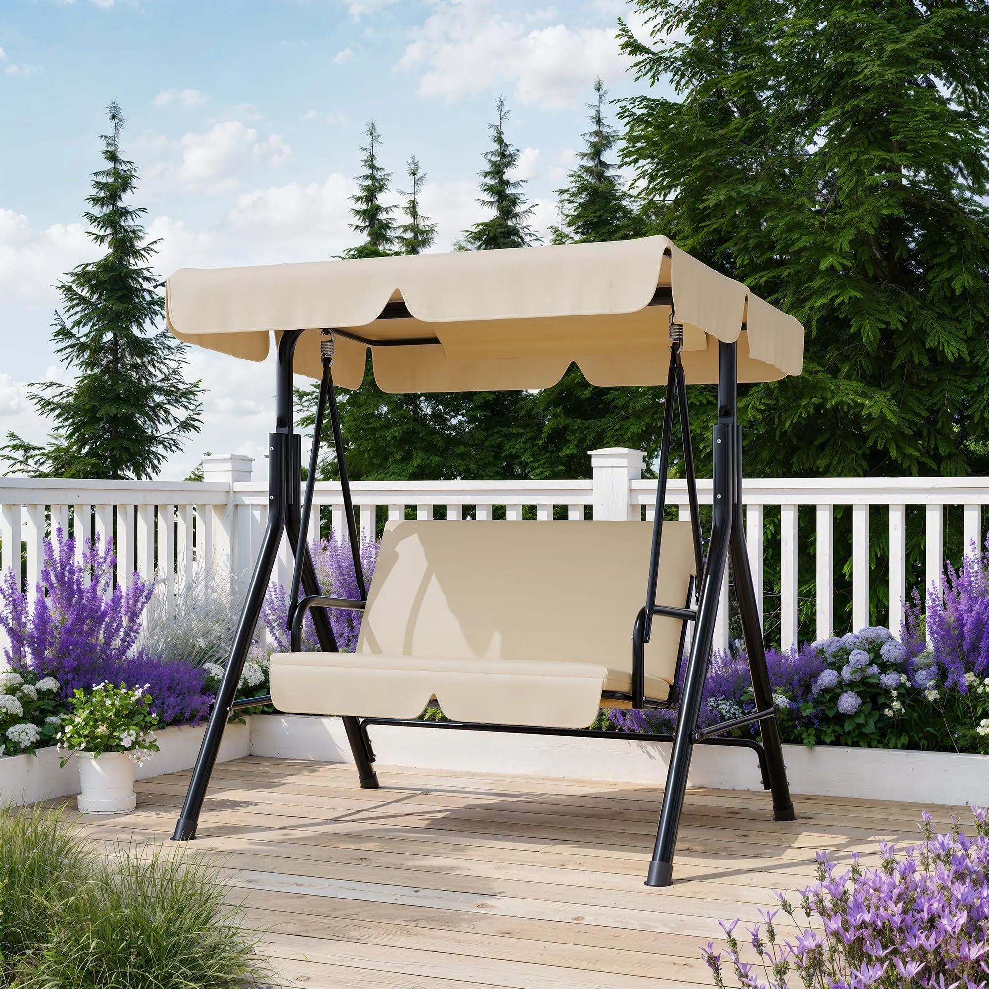 GARVEE Outdoor Porch Swing with Adjustable Canopy, 3-Seat Patio Swing Chair with Stand, Heavy Duty Outdoor Swing for Adults, Metal Frame Patio Swing for Garden, Backyard & Poolside,Khaki