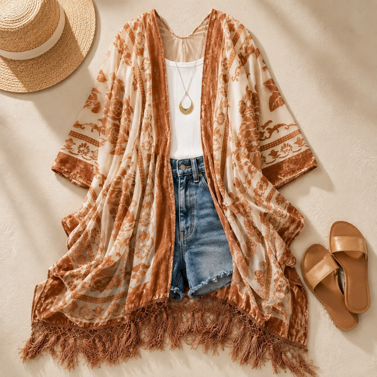 Regina Velvet Mesh Boho Kimono Beach Cover Up – Mid Weight Duster Cardigan For Women