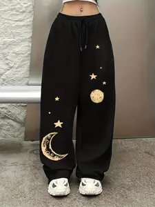 Star Moon Planet Print Wide Leg Sweatpants, American Street Style Loose Fit Sport Pants, Athleisure Style Bottoms, Casual Athletic Pants, Casual Winter Fashion for Women