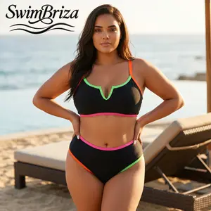 Briza｜Women's Plus Size Sporty Two Piece Swimsuit High Waisted Bikini Set Black Neon Trim Bathing Suit Supportive Swimwear Beach Vacation Swimsuits 2 Piece Pool Resort Summer, Women's Swimwear, Bathing Suit for Women, Two Piece Bathing Suit