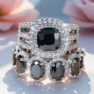 A Pair of Square Geometric Couple Rings Oval Full Circle Engagement Rings Promise Rings for Gf