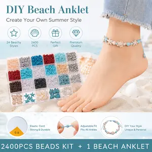 2400Pcs Vibrant Ocean Themed Pendants & 1Pc Starfish & Turtle Beaded Anklet with Elastic Cord Set Bohemian Turtle Starfish Seashell DIY Charms for Jewelry Making, Beading Craft Accessories Bracelet Necklace Handmade Decorations