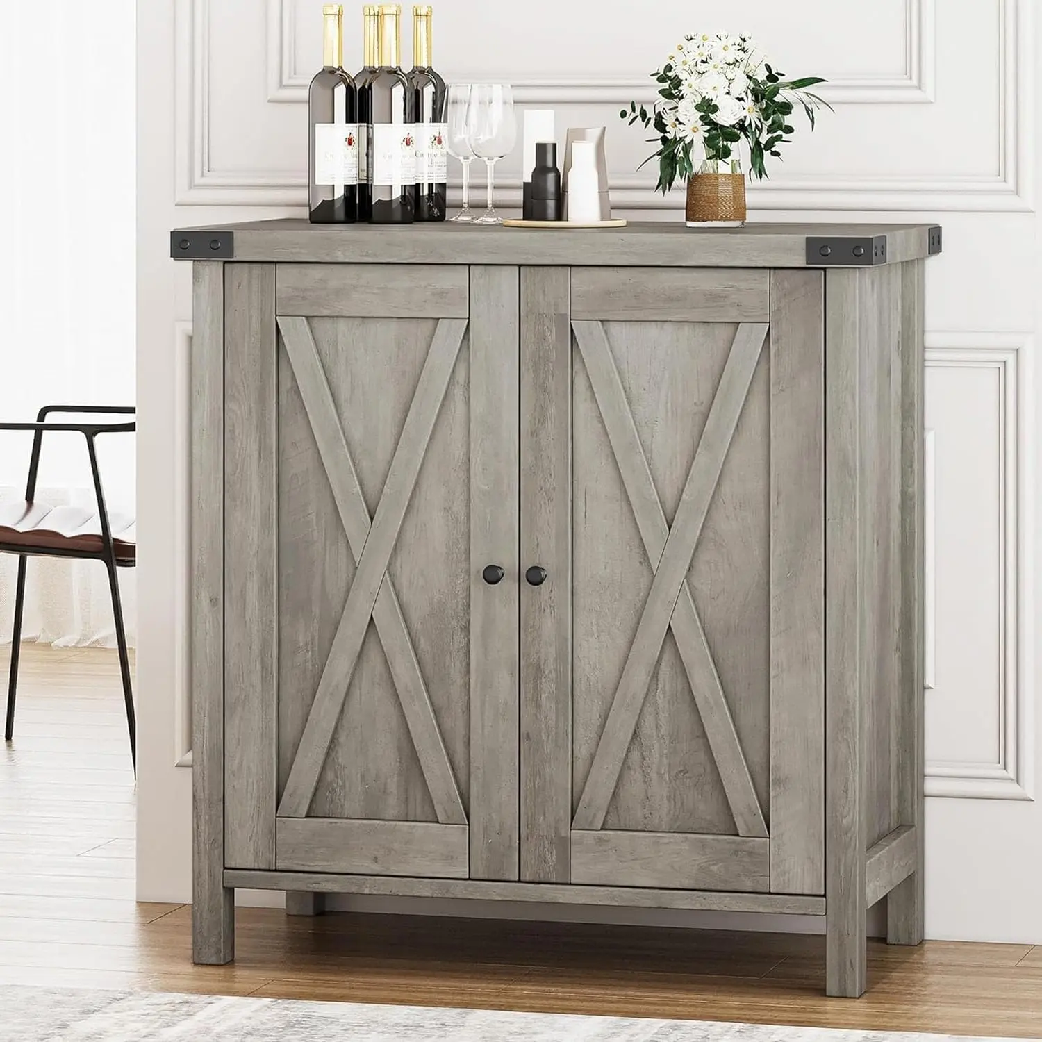 Gray Farmhouse Sideboard Buffet Cabinet with Adjustable Shelves and Barn Doors Rustic Modern Coffee Bar and Kitchen Organizer Gray
