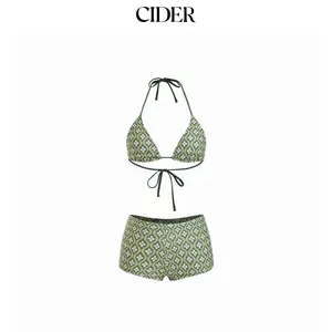 Cider Halter Neckline Geometric Floral Shorts Bikini Set