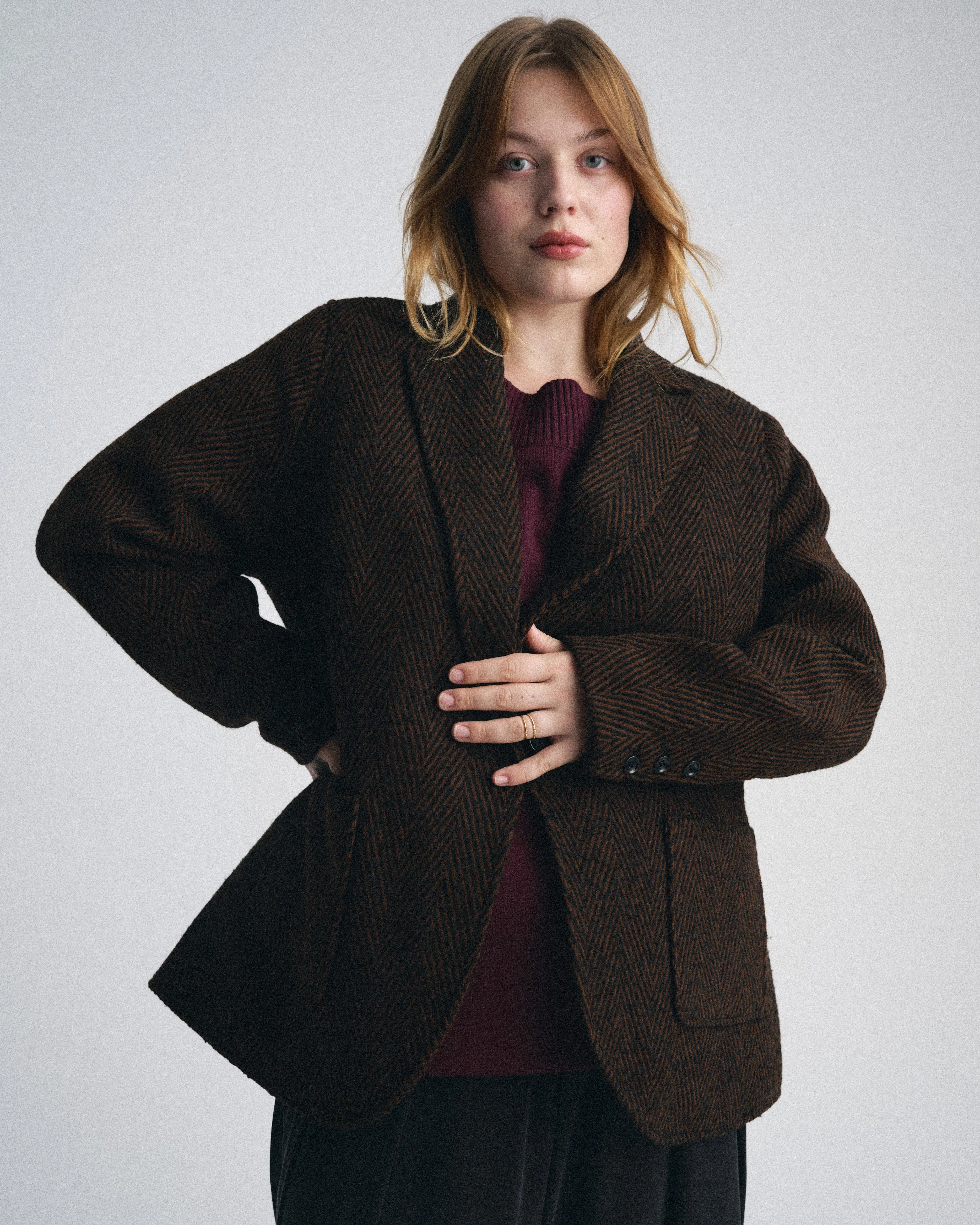 Women's Chic Fitted Herringbone Wool Blend Coat with Peplum Hem and Pockets, an Elevated Casual Outerwear Style, Button, Herringbone Pattern, Cute, Wool Material