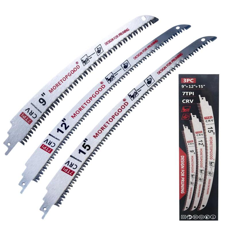 MORETOPGOOD 3-Pack Carbon Steel Arc Edge Reciprocating Saw Blades Tool, 9in/12in/15in Sizes, 7TPI Japanese Teeth, HCS Heat-Treated 3-Side Grinding Teeth, Smooth Cuts, Better Stability for Wet/Dry Wood Tree Trimming (Camping Essential)