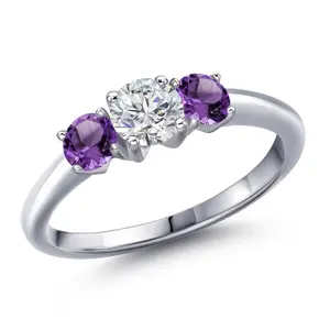 Gem Stone King 1.00 Cttw Lab Grown Diamond and Purple Amethyst 3-Stone Engagement Ring For Women | 925 Sterling Silver | Round 5MM | Three Stone Wedding Engagement Anniversary Ring For Women