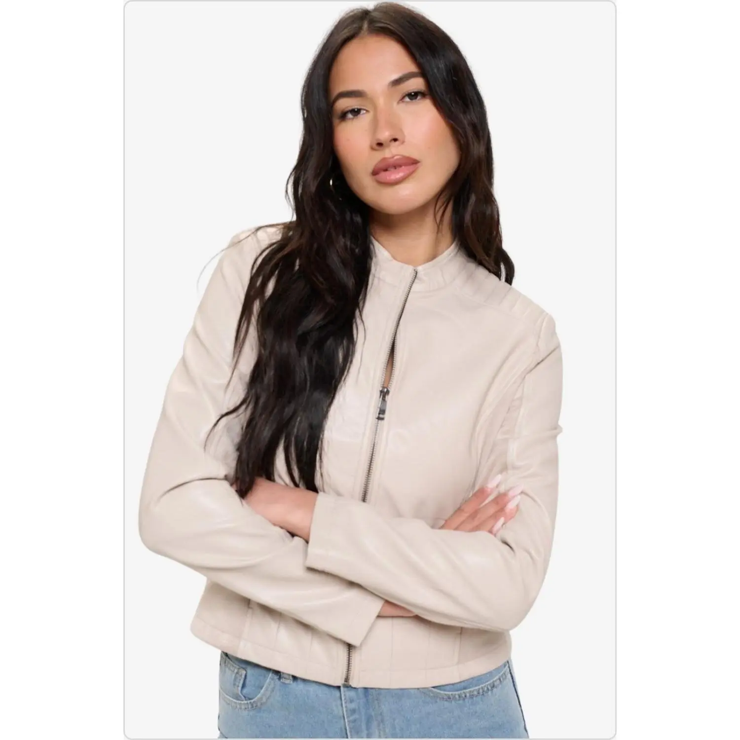 Women’s Zip-Up Vegan Moto Jacket in Cream