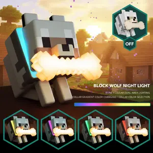 DIYCOM Pixel Wolf LED Night Light Game Style Wolf Lamp with Glowing Bone and RGB Collar 3D Printed Handmade Adjustable Brightness Ambient Room Decor