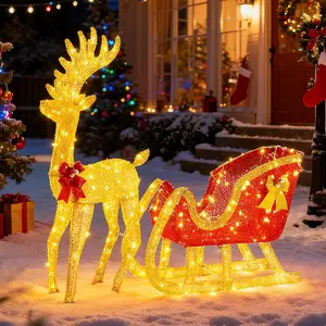 4ft Pre-Lit Golden Reindeer & Santa Sled Set, 180 LED Outdoor/Indoor Christmas Decoration, Weather-Resistant with Easy Setup #ChristmasSleighSet
