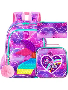 3PCS Mermaid Backpack for Girls, 16”Kids Elementary Preschool Kindergarten School Bookbag with Lunch Box - Purple