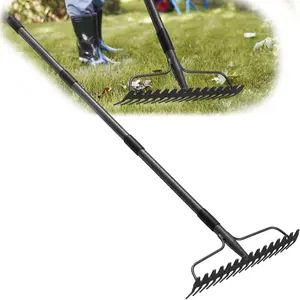 77 inch Bow Rake, 2-in-1 Lawn Rake for Digger Loosening Soil Raking Leaf Leveling Rocks Spreading Mulch Gravel 17 Tines RakeBow Rake