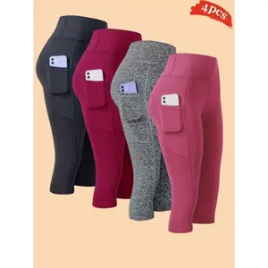 4-PackHighWaistedYogaCapris,BootySculptingCompressionLeggingsWithSidePhonePocket,FitnessPants