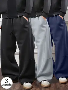 Men's Loose Fit Wide Leg Pants, Pure Color Design with Drawstring Detail, Long Casual Style Sweatpants for Daily Wear and Sports, Lightweight Sweatpants