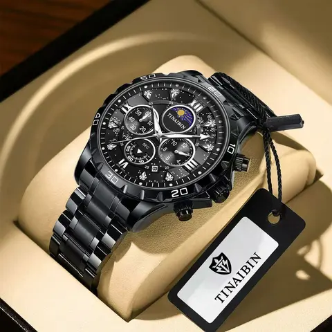 TINAlBIN Men's Luxury Watch Men's Quartz Watch with Date Display, Men's Round Dial Steel Strap Waterproof Luminous Dial, Watch Suitable for Party and Casual Wear, Gift Set with Box