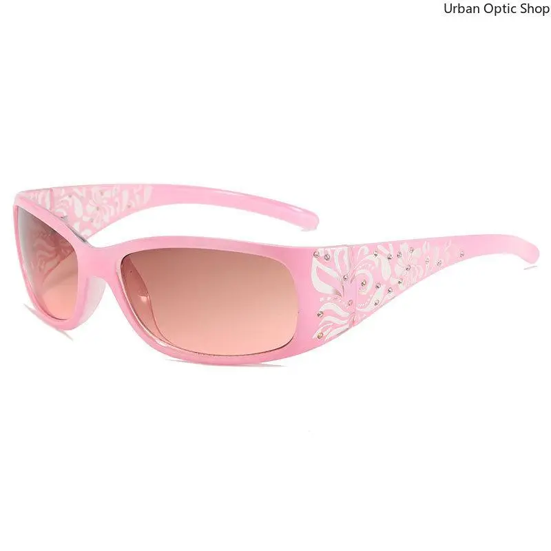XUH Y2K Pink Wrap Around Sunglasses for Women, Rhinestone Floral UV400 Protection Vintage Shades