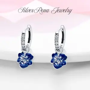 Blue Myosotis Flo wer Drop Earrings with Crystal Accents, Hypoallergenic Hoop Earrings, Elegant Style and Exquisite 5A CZ Jewelry Perfect Gift for Women, Romantic Birthday or Christmas Gift for Lover for Daily Wear, Mother's Day Gift