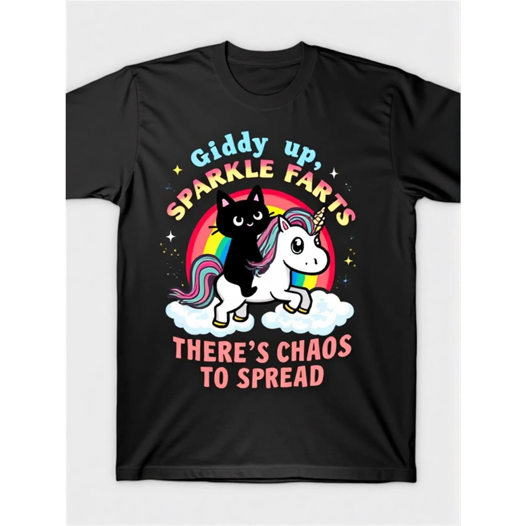 Men's "Giddy Up Sparkle Farts" Graphic T-Shirt, 100% Pure Cotton Funny Cat Unicorn Print, Casual Short-Sleeve Streetwear Top, Round Neck
