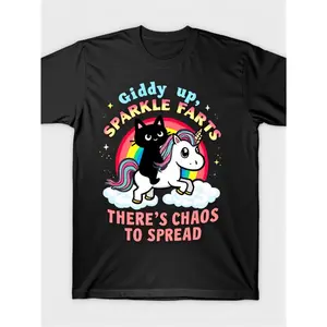 100% Cotton Men's Relaxed Short-Sleeve Tee - Funny "Giddy Up Sparkle Farts There's Chaos To Spread" Cat Unicorn Graphic T-Shirt, Casual Humor Streetwear