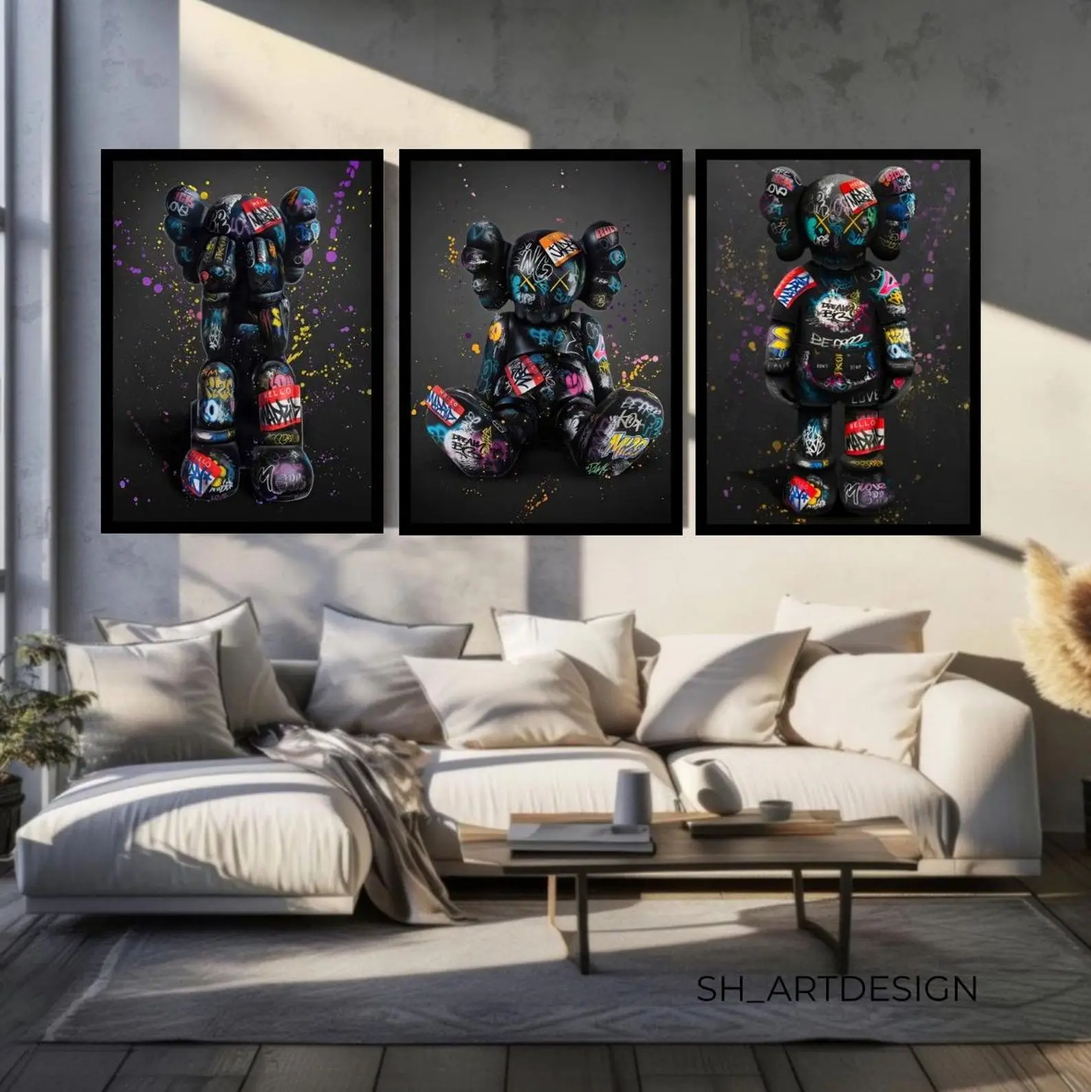 Kaws 3 SET Hypebeast Figures Premium Canvas Painting ,Black Kaws Art Graffiti Decor