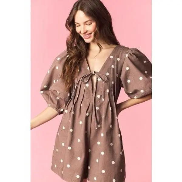 Brown Polka Dot Bubble Sleeve Romper
