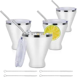 SuperCook Stainless Steel Martini Glass with Lid, Double Wall Vacuum Insulated Stemless Cocktail Glasses, Stay Icy Cold Wine Tumbler with Straw, Set of 4, 12 Oz, White