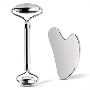 2 Counts Set Stainless Steel Facial Roller & Gua Sha - Metal Gua Sha, Gua Sha Facial Tools Stainless Steel, Face Body Massger Beauty Tool