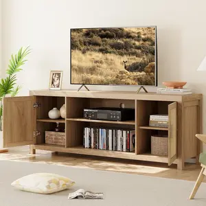 Boho Rattan TV Stand for 65 Inch TV Natural Oak Entertainment Center with Adjustable Shelves 2Tier Storage Media Cabinet MidCentury Modern Living Room Furniture